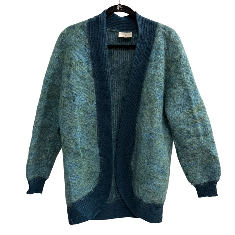 Vintage Pauline Faye Mohair Wool Cardigan Green Blue Size Large - Picture 1 of 9
